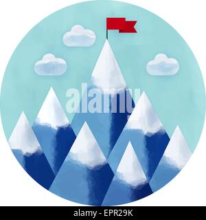 Watercolor vector illustration of success and victory. High mountain, ribbon, clouds, red  flag on the mountain peak, winning st Stock Vector