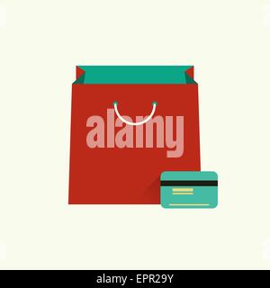 Vector illustration of red bag  for shopping and credit or debit plastic card. Shopping concept. Flat design style. Infographic  Stock Vector