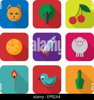 Modern flat icons vector collection with long shadow effect in stylish colors of various objects, animals, bird, plant.  Isolate Stock Vector