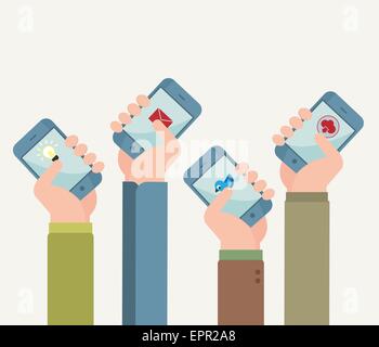 Mobile applications concept. Flat design vector illustration of hands with phones. Stock Vector