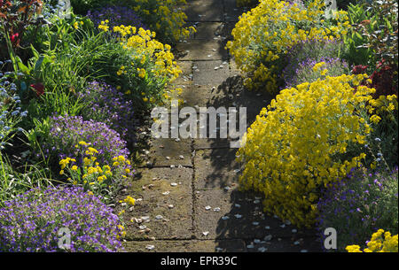 Garden Walkway Through Peaceful Spring Scenery with Blossoms Stock Photo