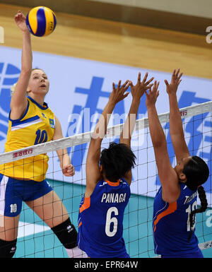 Tianjin, China. 21st May, 2015. Irina Shenberger (L) of Kazakhstan competes during the group D match against the Philippines at the 2015 Asian Women's Volleyball Championship in Tianjin, north China, May 21, 2015. Kazakhstan won 3-0. © Zhang Chenlin/Xinhua/Alamy Live News Stock Photo