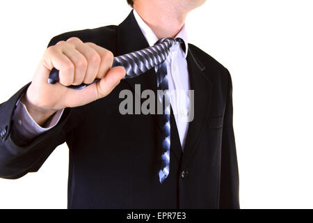 Businessman Pulls tie Choking Himself. Isolated Stock Photo