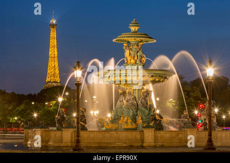 Fontaine des Fleuves - Fountain of Rivers at Place de la Concorde with the Eiffel Tower beyond, Paris France Stock Photo
