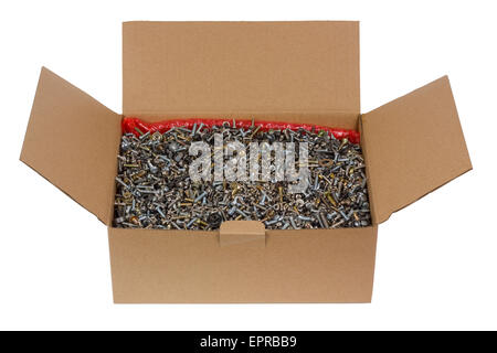 Reliable and safe packing for your metal screws and nuts. The concept of the correct container for transfer of goods. Isolated Stock Photo