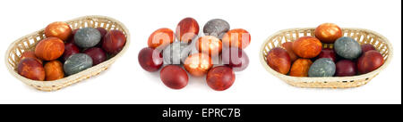 Rural chicken Easter eggs are painted with an onions peel and tea. Isolated set Stock Photo