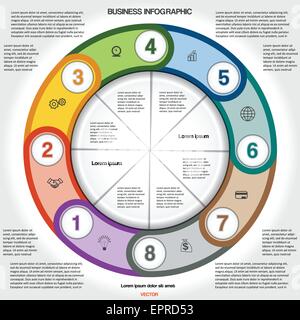 Infographic for success business project, multi-coloured ring numbered, template with text area for eight positions Stock Vector