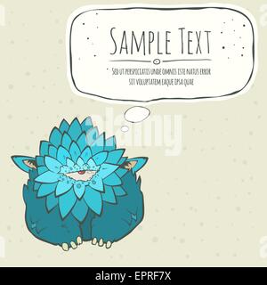 Cartoon card blue thick monster with one eye. Speech bubble. Hand drawn cyclops Stock Vector