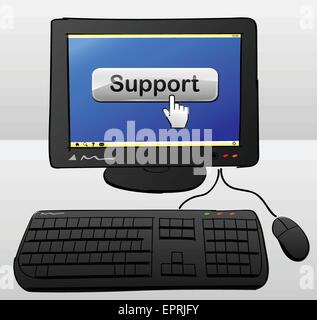 drawing of computer with support button on the screen Stock Vector