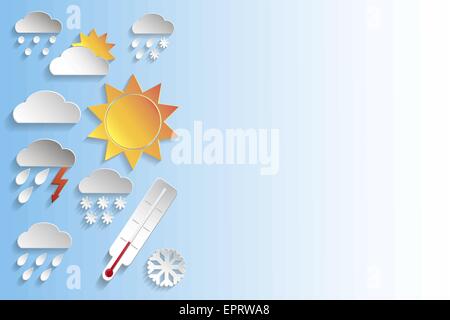 Weather signs in paper style on blue gradient background. Vector background or separate elements Stock Vector
