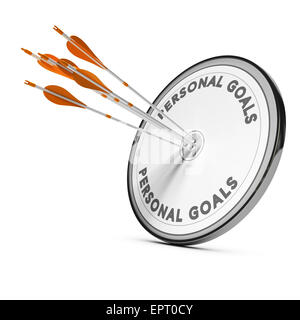 Many arrows hitting the same target, Concept image for business personnal goals or self confidence coaching. Stock Photo