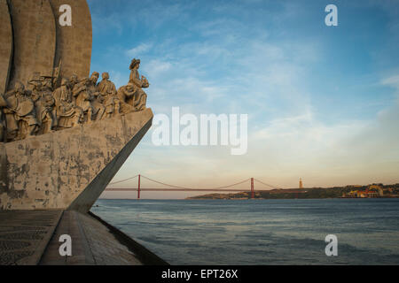 Padrao dos Descobrimentos, seafaring memorial, age of discovery, Belem on the Tagus River with the April 25th bridge Stock Photo