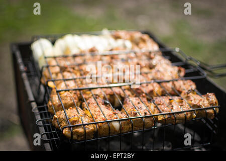 Marinated beef shashlik cooking on an open barbecue fire using defocus Stock Photo