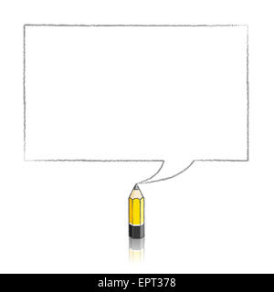 Lead Yellow Pencil with Reflection Drawing Rectangular Speech Bubble on White Background Stock Photo