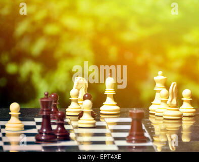 Chess pieces on a table in the park Stock Photo