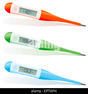 Hot, normal and cold temperature indexing on a red, green and blue digital thermometer. Stock Photo