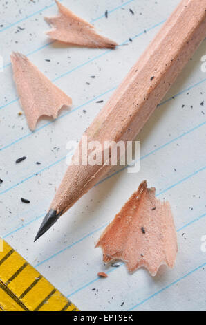 close up of sharpened pencil and wooden ruler Stock Photo