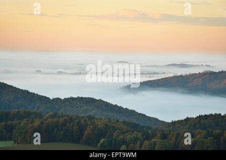 Scenic overview of hills on an early, autumn morning with fog, Bavarian Forest National Park, Bavaria, Germany Stock Photo
