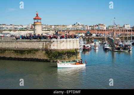 Ramsgate, Kent 21 May 2015. Motor Yacht and Dunkirk veteran, L'Orage leaving Ramsgate Royal Harbour for Dunkirk. Credit:  Paul Martin/Alamy Live News Stock Photo