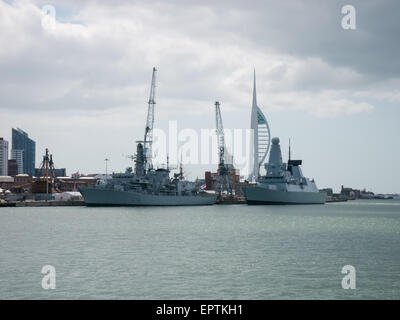 HMS Kent, F78, a duke class type 23 frigate with HMS  Dauntless, D33, A type 45 Destroyer. Berthed in Portsmouth Naval Dockyard Stock Photo