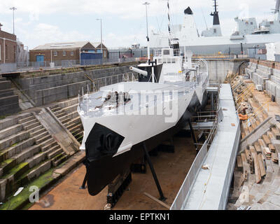 HMS M33 an M29 Class Monitor of the Royal Navy, ready to be opened to the public in 2015 at Portsmouth Historic Dockyard Stock Photo