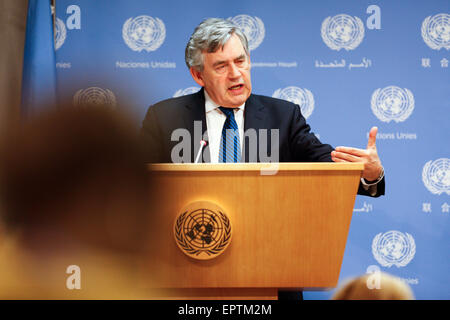 New York, United Nations headquarters in New York. 21st May, 2015. The UN special envoy for education, former British Prime Minister Gordon Brown, speaks during a press conference at the United Nations headquarters in New York, on May 21, 2015. The UN special envoy for education on Thursday campaigned to fund education in emergencies, citing crises in Africa, Asia and the Middle East, saying it has been the worst year for child refugees since the end of World War II. Credit:  Li Muzi/Xinhua/Alamy Live News Stock Photo