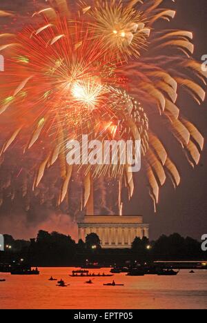 Washington DC. 7-04-2007 The annual 4th of July fireworks show in Washington DC. as seen from the Virginia shoreline of the Potomac River just below the Iwo Jima Marine Memorial. The Lincoln Memorial is in the foreground with the Washington monument behind it. Stock Photo