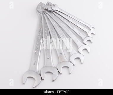 set of wrenches made of steel and located on a white background Stock Photo