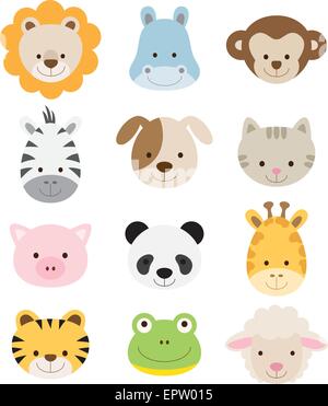 Vector illustration of animal faces including lion, hippo, monkey, zebra, dog, cat, pig, panda, giraffe, tiger, frog, and sheep. Stock Vector