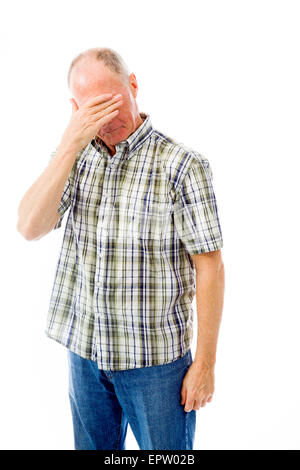 Man covering his face, isolated on white background Stock Photo - Alamy