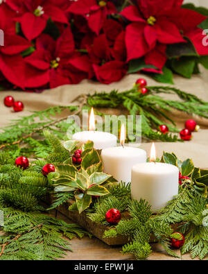 Lit candles in an evergreen centerpiece and poinsettias with glow effect Stock Photo