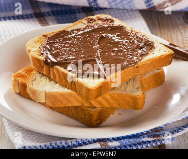 Toast with chocolate spread on  white plate. Stock Photo