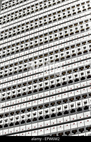 kind of wiring closet patch panels with 6-th category in the background Stock Photo