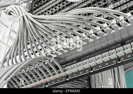 kind of wiring closet patch panels with 6-th category in the background Stock Photo