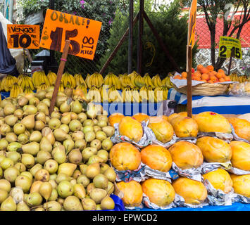 Assorted fruits for sale at a market stall, Mexico City, Mexico