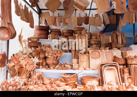 Wooden utensils for sale at a market stall, Mexico City, Mexico Stock Photo