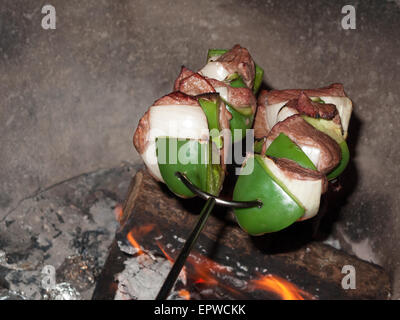 Close-up of skewer with vegetable on open fire Stock Photo
