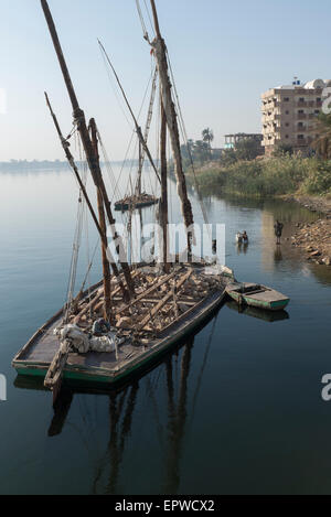 Calesh drivers bathe their horses in the Nile at Edfu in front of a large felucca carrying stone for construction Stock Photo