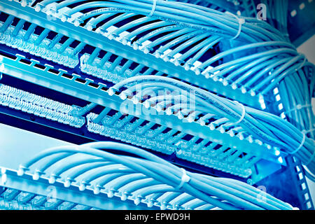 kind of wiring closet patch panels with 6-th category in the background, blue tone Stock Photo