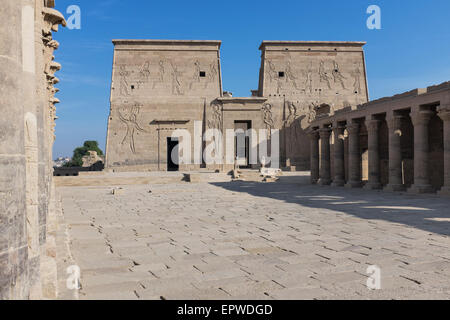 Great Court and First Pylon at the Temple of Isis at Philae, Agilkia Island, Aswan, the Nile, Upper Egypt Stock Photo