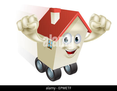 House move concept, a cartoon house character zooming along on wheels Stock Photo
