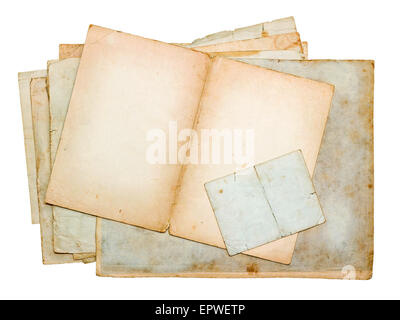 stack of old paper sheets and cards isolated on white background Stock Photo