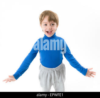 Funny Boy Shouting with open arms isolated on white Stock Photo