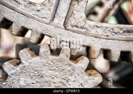 Closeup of two gears made of metal Stock Photo