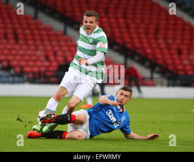 Glasgow, Scotland. 21st May, 2015. Little Big Shot Scottish Youth Cup Final. Celtic versus Rangers. Fraser Aird slides in on Paul McMullan © Action Plus Sports/Alamy Live News Stock Photo