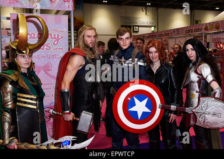 Excel Centre, London, UK. 22nd May, 2015.  Cosplay fans dressed as various comic book super heroes at the opening of the MCM London Comic Con.  The convention is one of Europe’s largest multi-genre fan conventions.  Held in London twice yearly it is a magnet for cosplay and sci-fi fans from all over the UK.  Credit:  Gordon Scammell/Alamy Live News Stock Photo