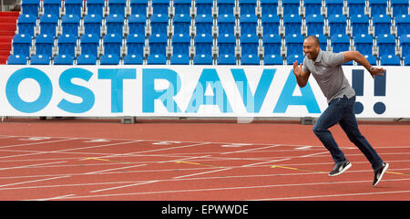 Former Britain's hurdler Colin Jackson poses to journalists during a news conference to the IAAF World Challenge Ostrava Golden Spike athletic meeting, in Ostrava, Czech republic, on Friday, May 22, 2015. (CTK Photo/Petr Sznapka) Stock Photo