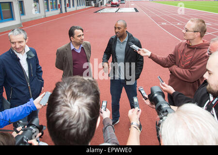 Former Britain's hurdler Colin Jackson, centre, speaks to journalists during a news conference to the IAAF World Challenge Ostrava Golden Spike athletic meeting, in Ostrava, Czech republic, on Friday, May 22, 2015. (CTK Photo/Petr Sznapka) Stock Photo