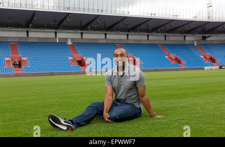 Former Britain's hurdler Colin Jackson poses to journalists during a news conference to the IAAF World Challenge Ostrava Golden Spike athletic meeting, in Ostrava, Czech republic, on Friday, May 22, 2015. (CTK Photo/Petr Sznapka) Stock Photo