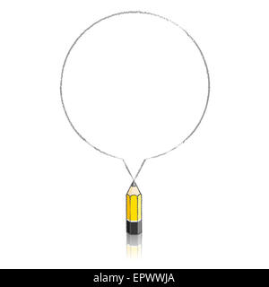 Yellow Lead Pencil with Reflection Drawing Round Speech Bubble on White Background Stock Photo